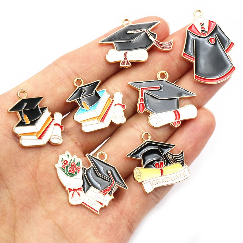 10Pcs Enamel Graduation Hat Charms Pendant for Necklaces Earrings DIY Jewelry Making Decorations Accessories Findings