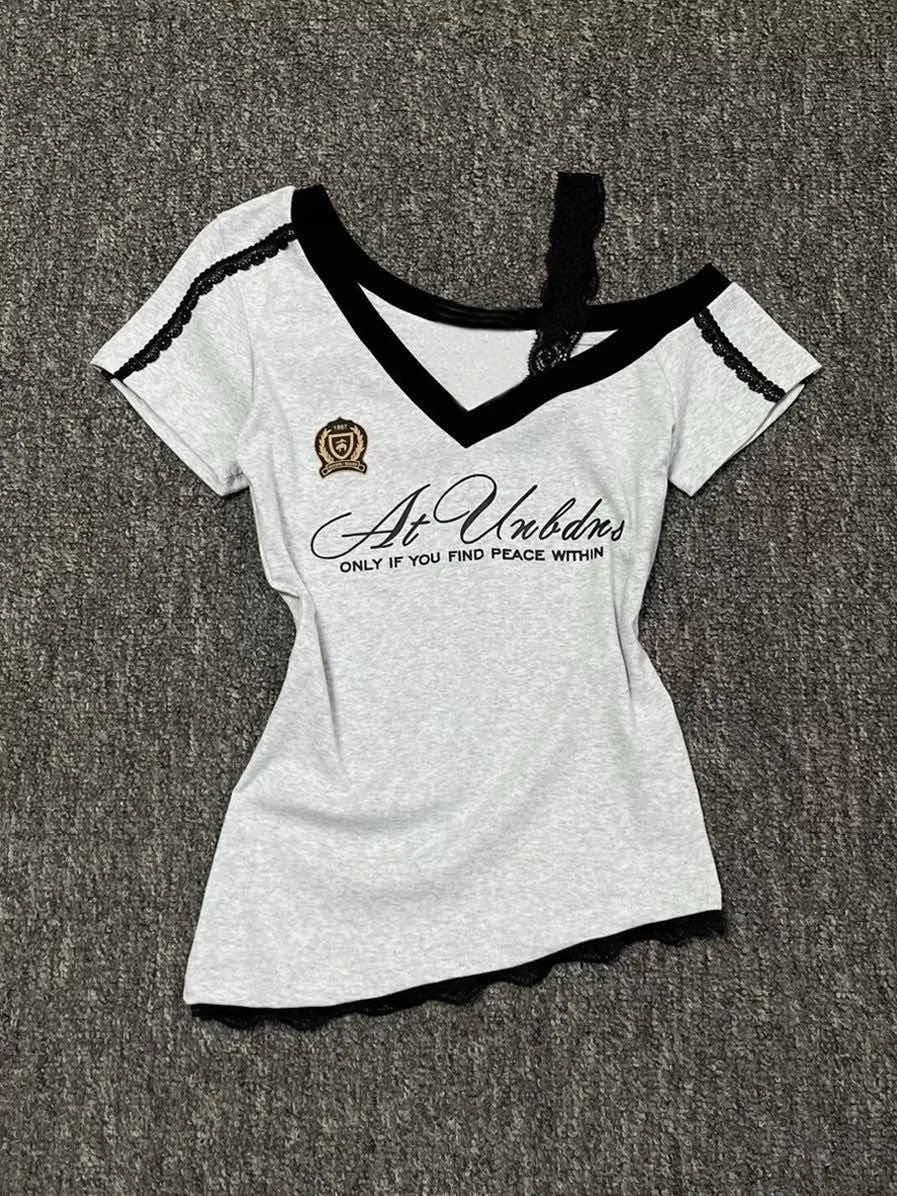 Millennium style Gothic Hot Girl Waist Splicing Lace Strap Short Sleeve T-shirt for Women 2025 New Summer navy blue slim fit top