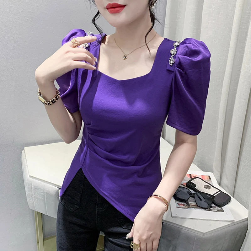 MadBlack-Women's European T-Shirt, Sexy Square Collar Diamond Patchwork, French Puff Sleeve Folds Slim Tee, 2025 Summer T52941CC