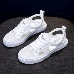 New Women's White Casual Shoes Fish-mouth Sandals Metal Decorative Transparent Breathable Mesh Shoes Large Zapatos Para Mujer