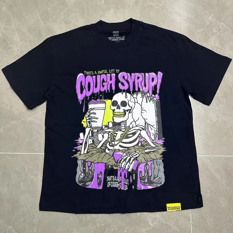 

Street Hip-hop THAT'S A AWFUL LOT OF COUGH SYRUP Short Sleeve Gold-toothed Skull Man Print Couple's Personality T-shirt Tops