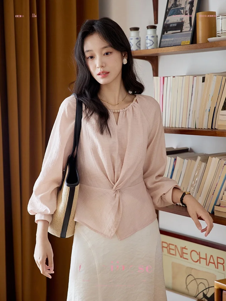 

Moriirose Pink Beaded Hollow out Long Sve irt Women's Slim Fit Vintage irt Casual Breathable Fiber Made in China