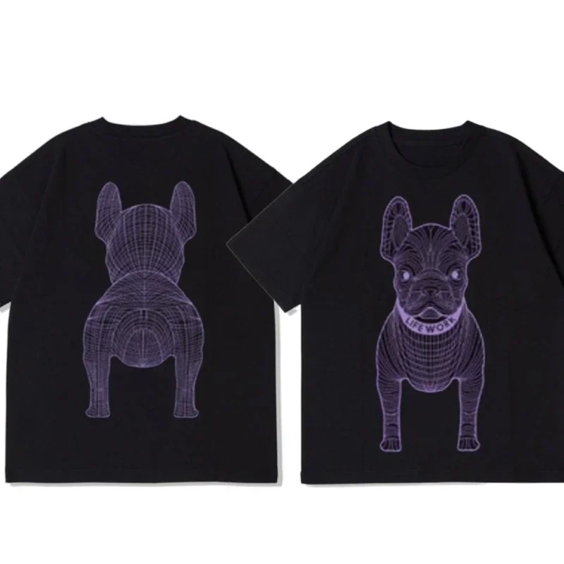 LIFEWORK HIDEAWAY 2025 Summer Korean Version Round Neck Short Sleeve French Bulldog Pattern Trendy T-shirt Tops Men And Women