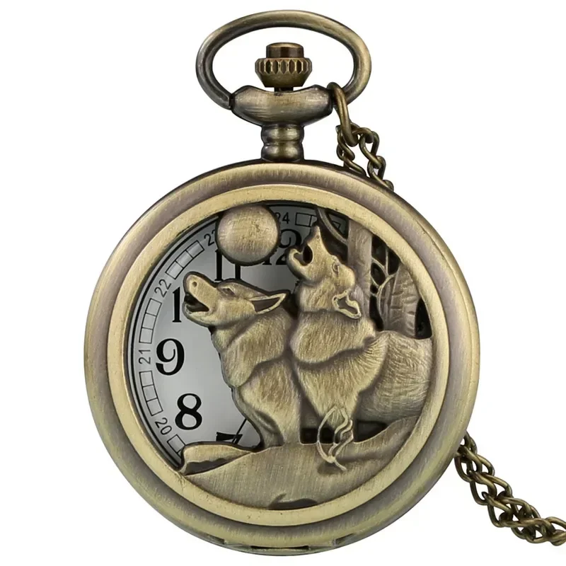 Bronze Double Wolf Moon Design Analog Quartz Pocket Watch Necklace Chain Retro Pendant Clock for Men Women Timepiece Gift