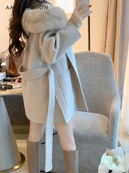 

Autumn Winter New Hepburn Style Elegant Cashmere Reversible Wool Coat Women Thicken Gentle Belt Lace-up Slim Temperament Jackets