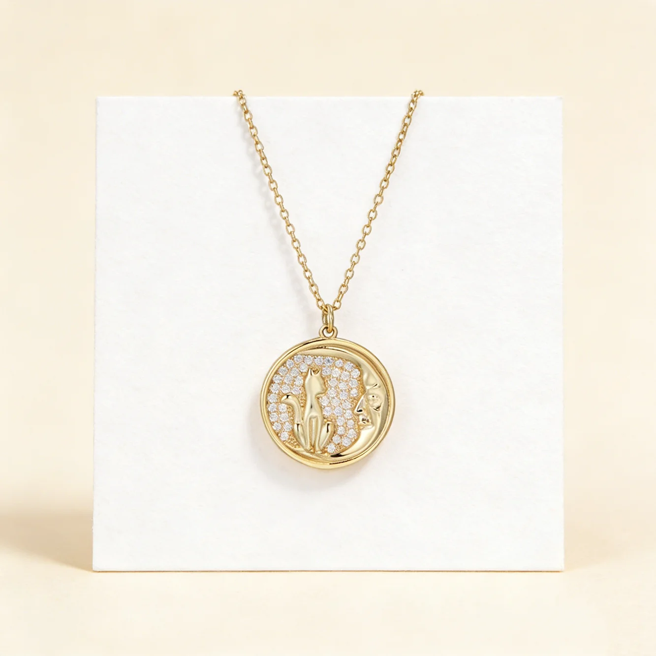 

FULSUN Dainty Cat & Moon CZ Coin Pendant Necklace 925 Sterling Silver 14K Gold Plated Lobster Clasp Adjustable For Women