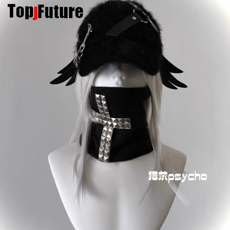 Women and Men Baseball Cap with Fur Steampunk Subculture Hard Brim and Punk Rivet Hat Plush Neck Warmer Cross-knit Scarf Gothic