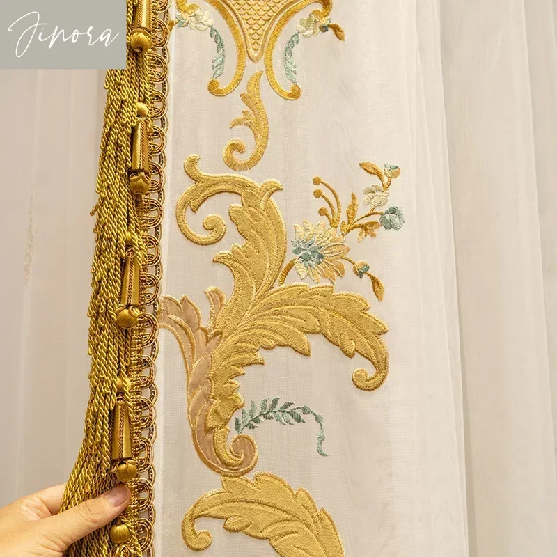 Golden Chiffon Embroidered Window Screen White Lace Curtains For Living Room Bedroom Balcony Window Partition Door Screen Tulle