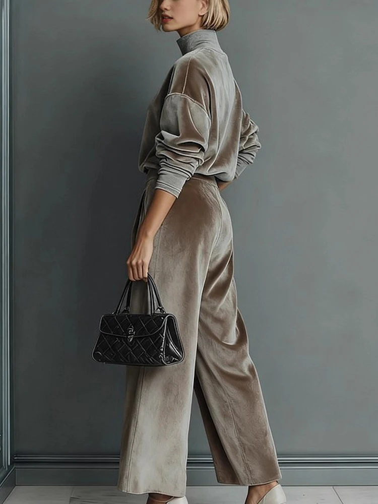 

Women Casual Velvet Hight Street Solid 2Pc Outfits Elegant Long Sleeve Loose Suits Fashion Turtleneck Pullover & Long Pant Sets