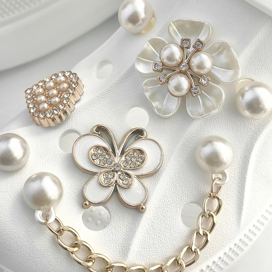 

16 шт., подвески для обуви с жемчугом и бабочкой, булавки, подходят для сабо CROCS, садовая обувь, украшение для обуви «сделай сам», идея подарка для вечеринки