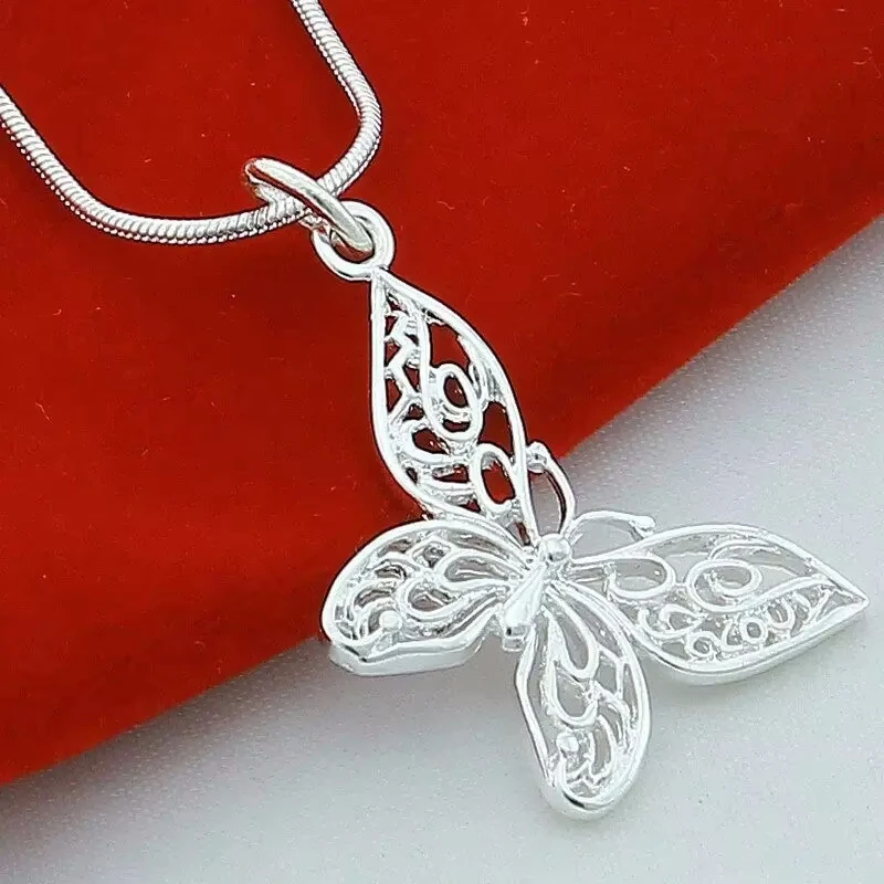 925 Sterling Silver Butterfly Pendant Necklace 16/18/20/22/24/26/28/30 inch Snake Chain For Women Wedding Engagement Jewelry