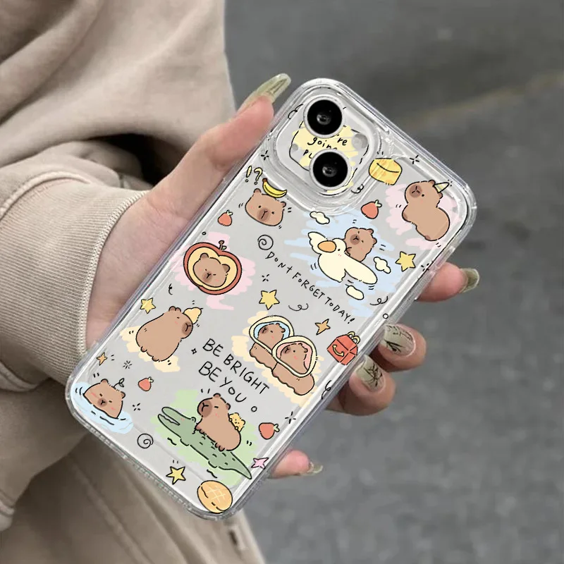 Cute Cartoon Capybara Phone Case For iPhone 11 12 13 14 15 16 Pro Max XR X XS Mini 8 7 Plus SE 2020 Fashion Clear Case