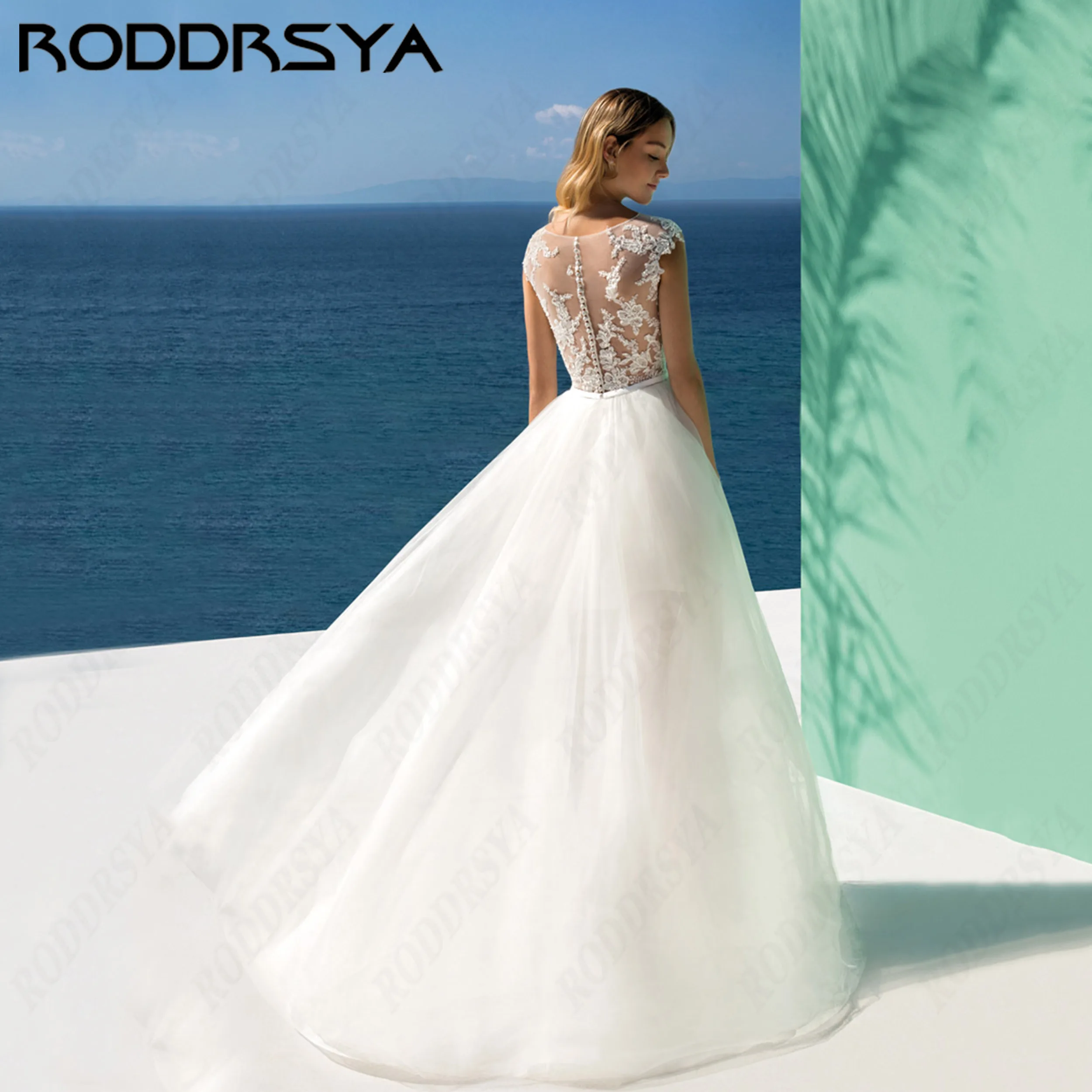 RODDRSYA High Low Wedding Dress Customized Tulle Scoop Neck Bride Dresses Modest Lace Appliques Bridal Gown Sleeveless Backless