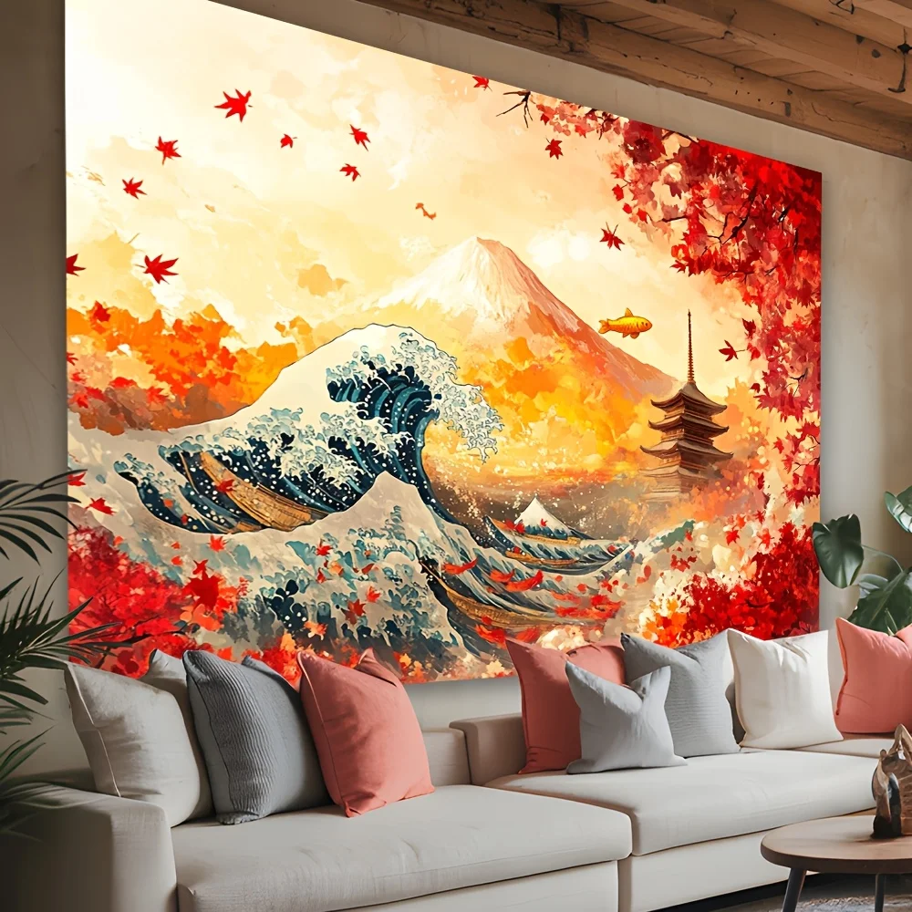 Japanese Autumn Wave Art Tapestry Mount Fuji Red Maple Leaves Traditional Landscape Wall Decor Bedroom Living Room Home Style