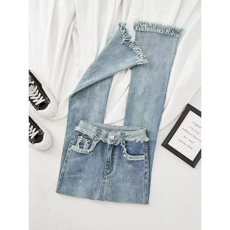 Micro flared jeans for women in autumn and winter with fringed and fringed edges creating a slimming and wide leg flared pants
