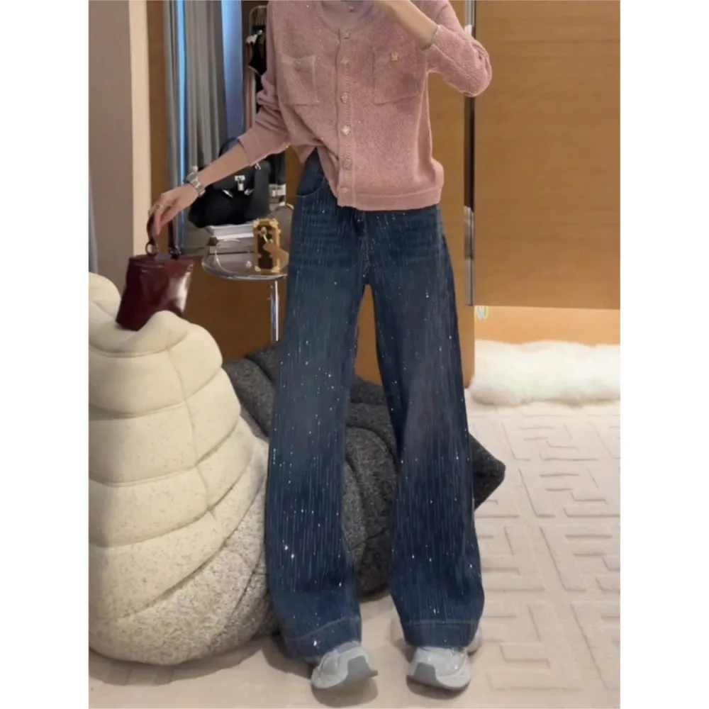2026 Casual Jeans High Waist Wide Leg Pant Loose Trouser Jeans For Woman Street Fashion Hot Diamond All-match Trendy Solid Color