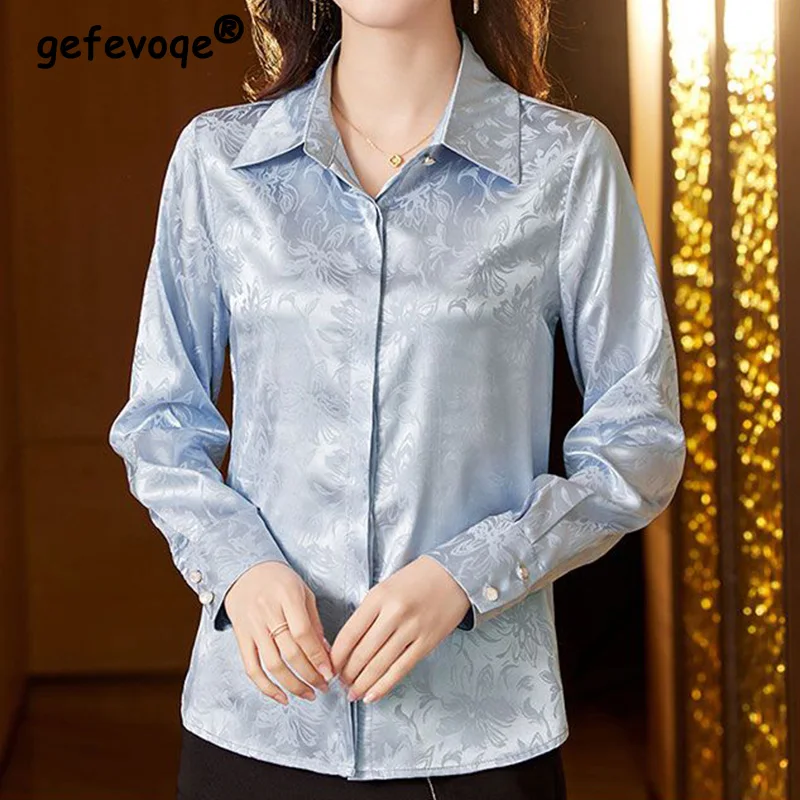 Satin Jacquard Shirt with Long Sleeves for Spring Autumn Women\'s Clothing Turn-down Collar Anti-wrinkle Patchwork Button Blouses