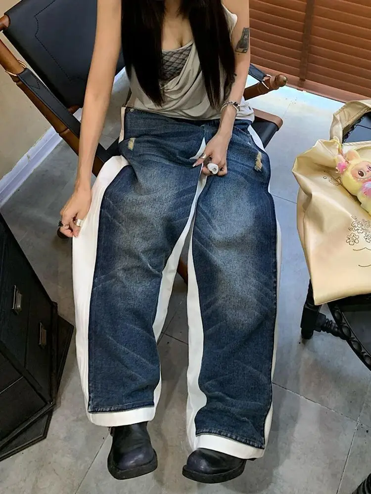 American Retro Design Sense White Background Spliced Jeans Women Spring Autumn Hot Girls Loose Lazy Style Floor Trousers