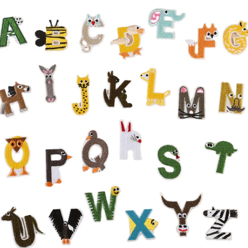 1pcs Animal Letter Patches for Clothing ABC DEF OPQ RST UVW XYZ Embroidery Iron on Alphabet Kids Name Badge Patches Accessories