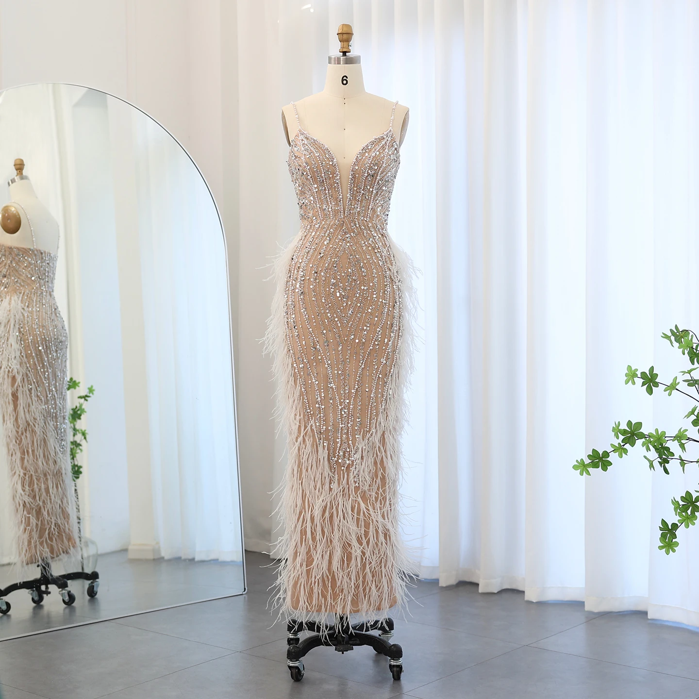 Sharon Said Luxury Feather Nude Mermaid Evening Dress with Necklace Spaghetti Women Wedding Party Prom Gowns SS185 Customized