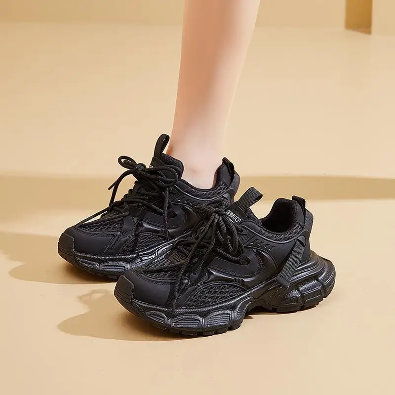 

Trendy Sporty Casual Thick Bottomed Leather Dad Shoes Korean Style Heightening Hong Kong Style Popular Flat Heel round Toe Wo...