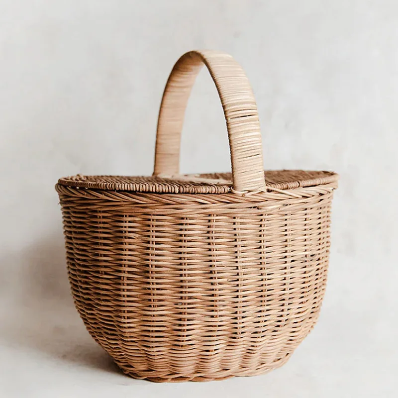 Rattan portable woven basket outdoor picnic wovenbasket retro rattanbasket vegetable fruit rattanlower basketstorage baske