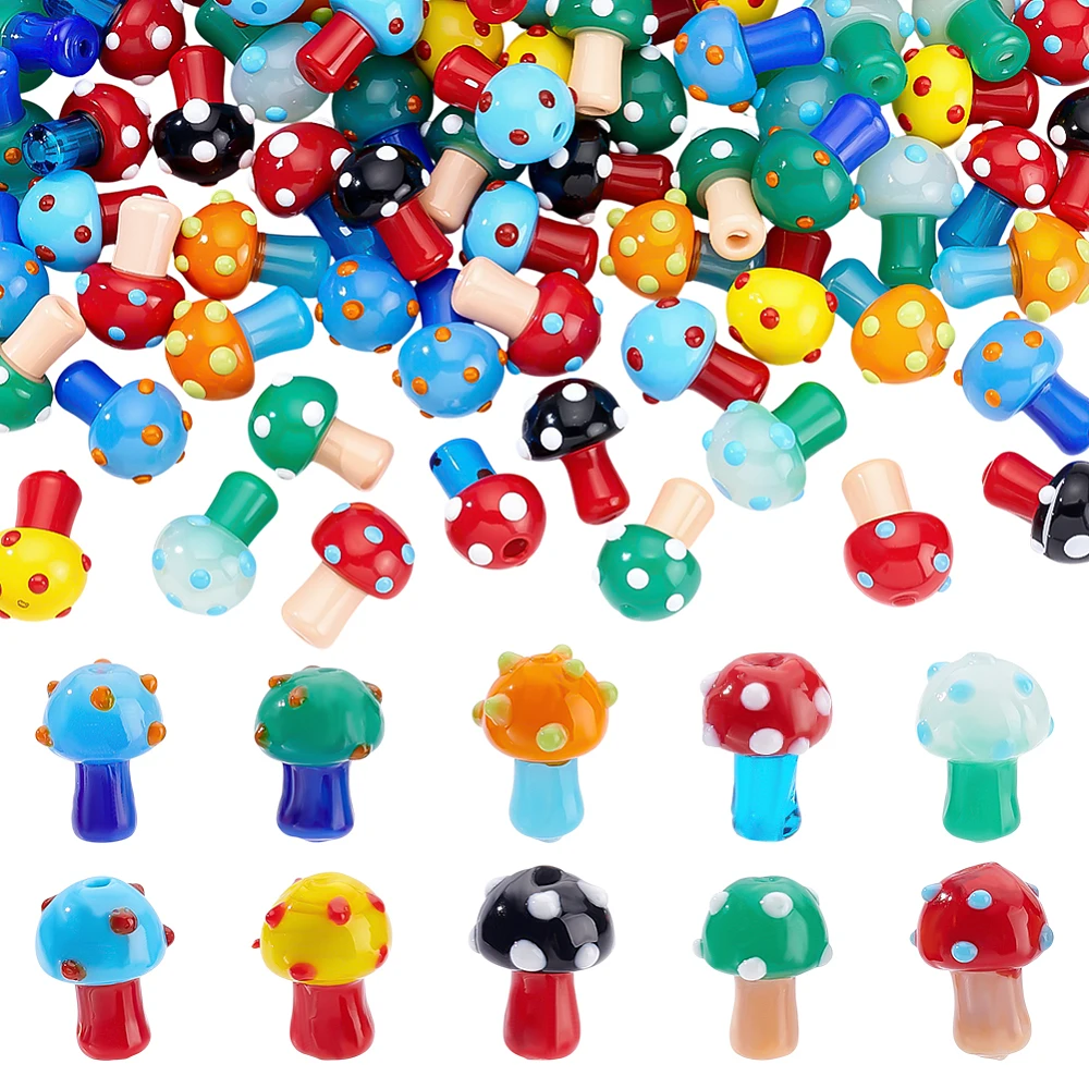 80Pcs 10Colors Mushroom Glass Beads Handmade Colorful Lampwork Beads Loose Spacer Bead Cute Mini Mushroom Ornament for DIY Craft