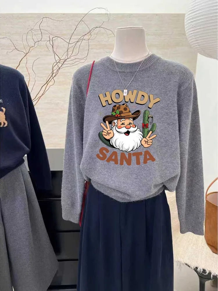 Großer Strickpullover mit festlichem Aufdruck, lang, Sve Round Ne Damen Cisas S Claus, Cartoon-Design, weich, koreanisches Sle