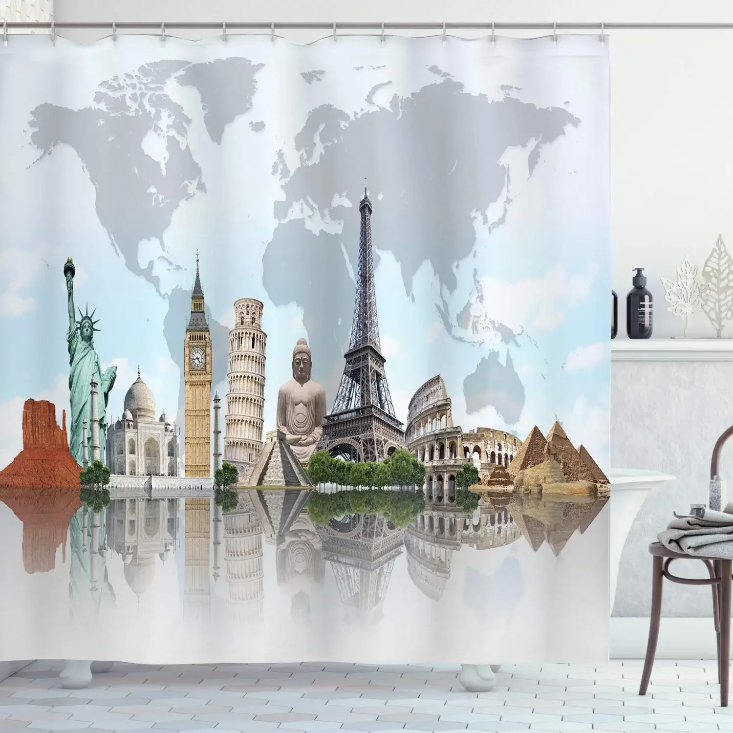 Vintage World Map Shower Curtain Famous Culture Landmark Statue of Liberty Eiffel Tower Big Ben Waterproof Bathroom Decor Sets