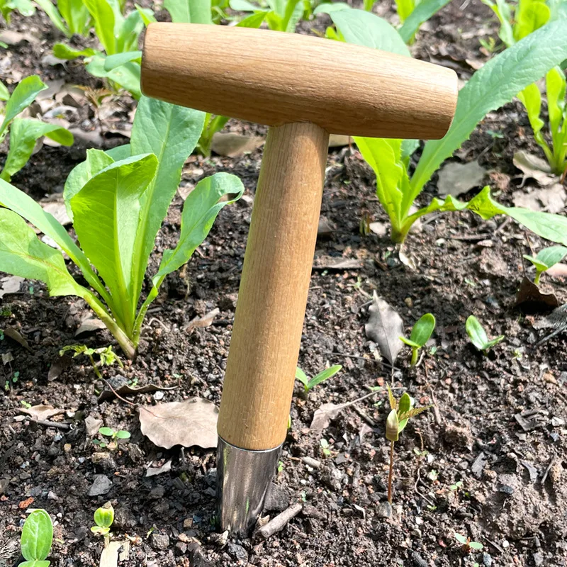 Gardening Hole Digger T-shaped Fertilizer Seeding Transplanting Planting Tool Wooden Handle Top-dressing Hole Punch Seeder