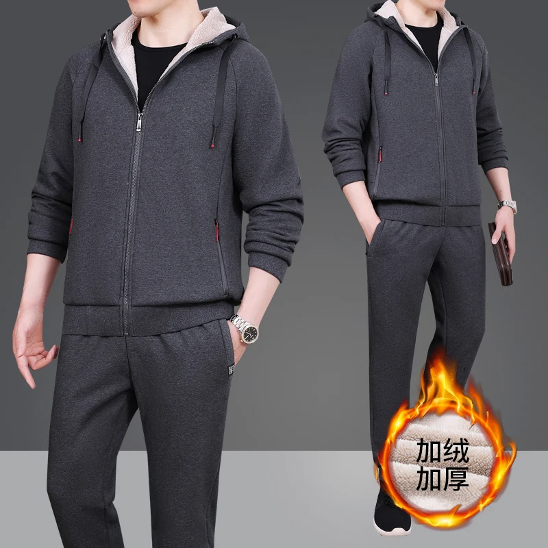 

Sportswear Suit Male Winter Warm Hooded Outerwear Suit New Fleece Men Set Fashion Brand Tracksuit Lined Thick Sweatshirt + Pants