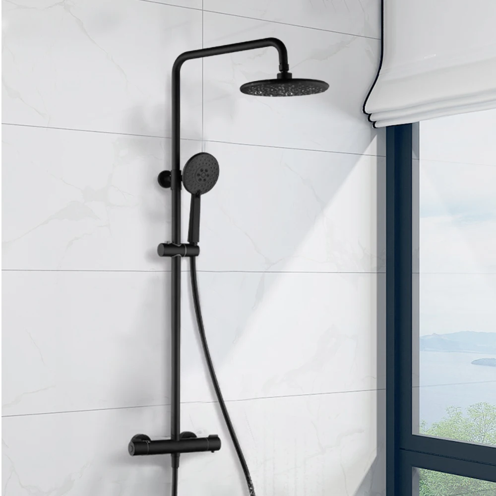 Shower System with Thermostat Black Faucet Shower Set 3 Spray Modes Hand Shower Rain Shower Height-Adjust