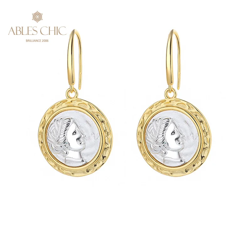 Ables Chic Ancient Greek Replica Silver Coins 18K Gold Two Tone Solid 925 Silver Roman Coin Drop Earrings E1057