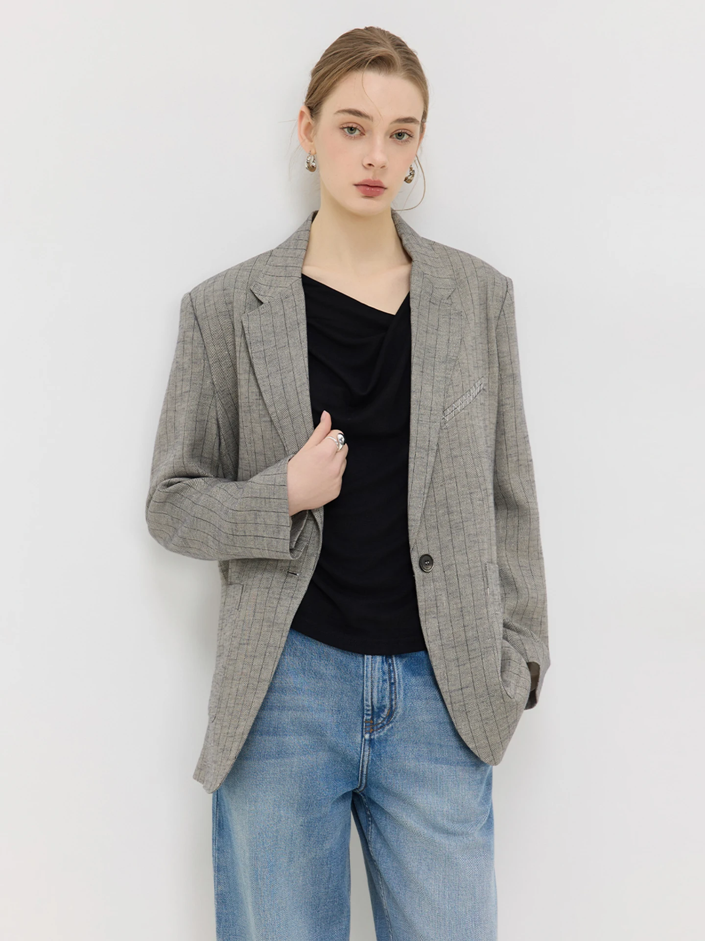 

LUR Women's Casual Stripe Linen Suit Jacket Loose Fit Single Button Warm Long Sleeve Shirt Style Spring Collection China Made