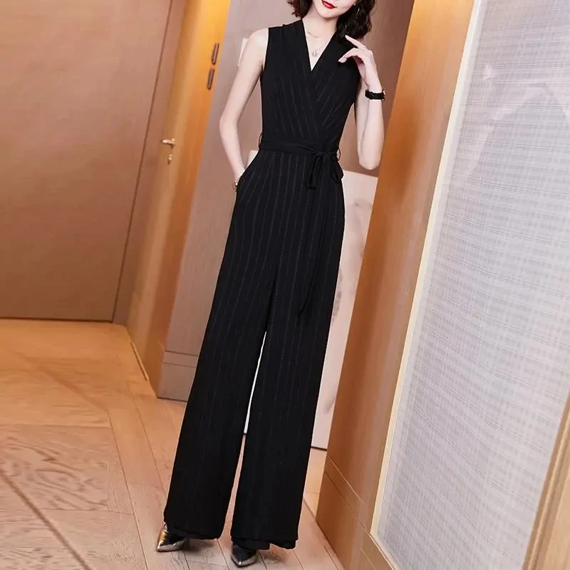 New Women Fashion Black Chiffon High Waisted Wide Leg Jumpsuit 2024 Summer Female Appear Thin Black Striped Wide Leg Jumpsuit