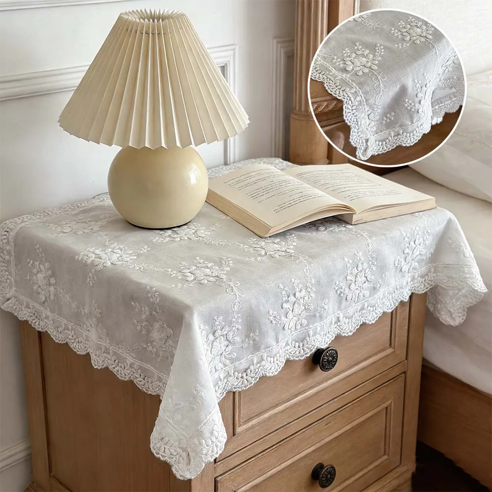 

1PC Pastoral White Embroidered Lace Tablecloth 100% Cotton Mat Multi-functional Dust Cover for Microwave Printer Projector 식탁보