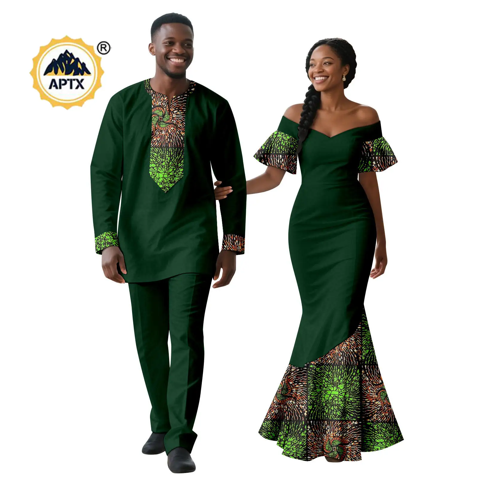 Robes sirène imprimées africaines Sexy pour femmes, tenues de Couple assorties, vêtements africains Dashiki pour hommes, ensembles haut et pantalon 25C070