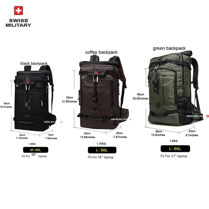 SWISS MILITARY Men Hiking Backpacks 40L/50L/60L Business Travel Backpack Outdoors Laptop Backpack Multifunctional Luggage Bag