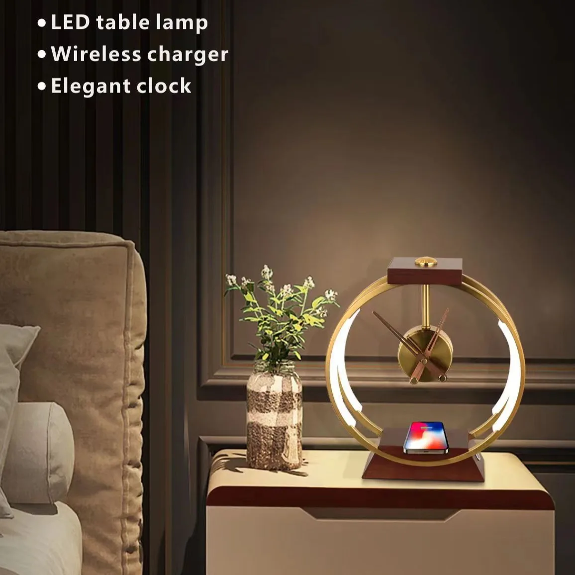 Creative desk lamp Modern light luxury clock ornament Wireless charging Touch control Smart bedside lamp