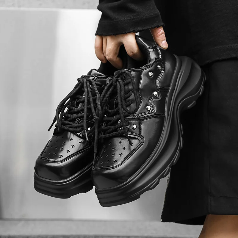 

mens casual hip hop rock platform shoes breathable original leather derby shoe black trend designer sneakers square toe footwear