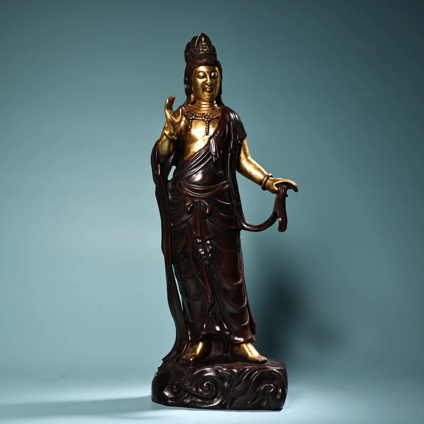 

15"Xizang Folk Collection Old Purple Bronze Gilded High Relief Ribbon Guanyin Bodhisattva Standing Buddha Worship Hall