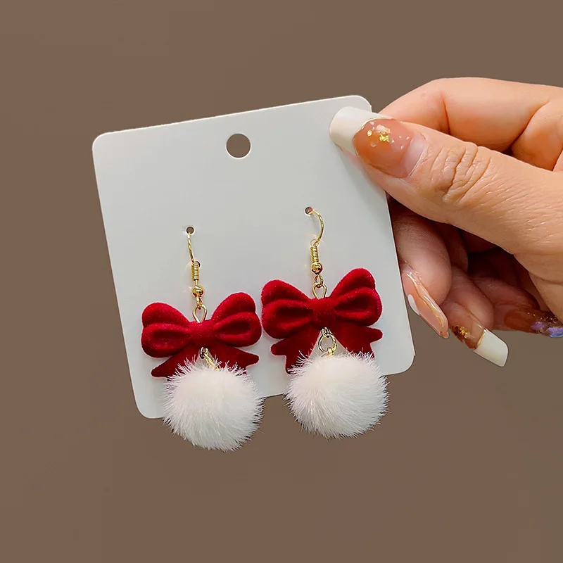 Vintage Red New Christmas Flocking Earrings for Women Bow-knot C-Shape Pearl Rhinestone Drop Earring Jewelry Party Gift 2025