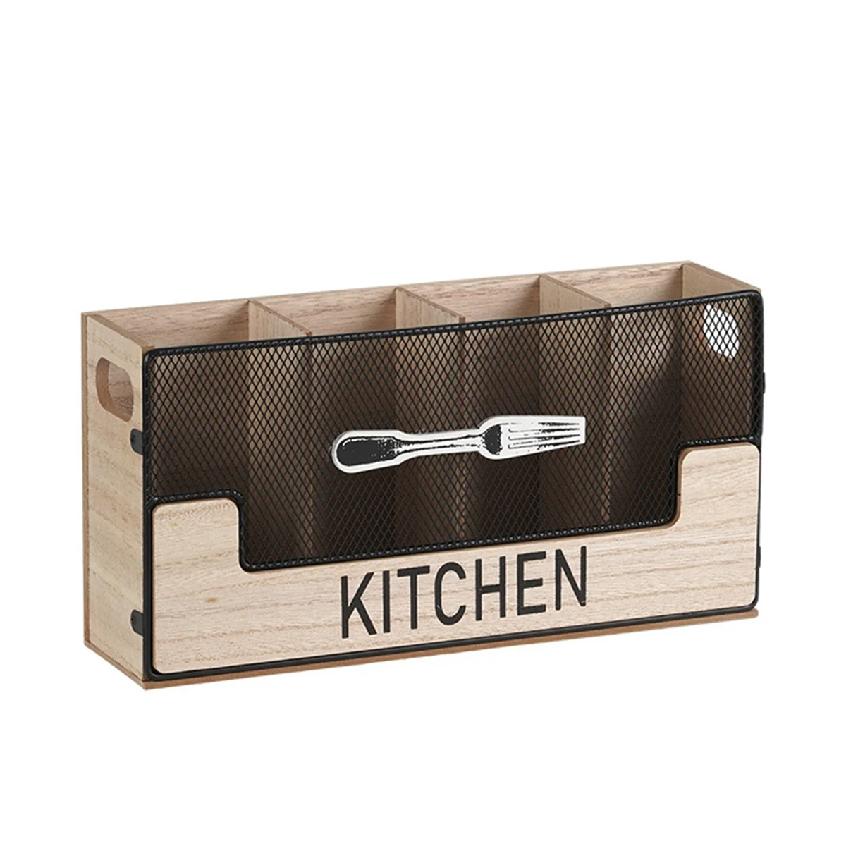 Kitchen Counter Utensil Holder Metal Paired with Wood Flatware Organizer 4 Compartments for Spatula Crock Cutlery,Black