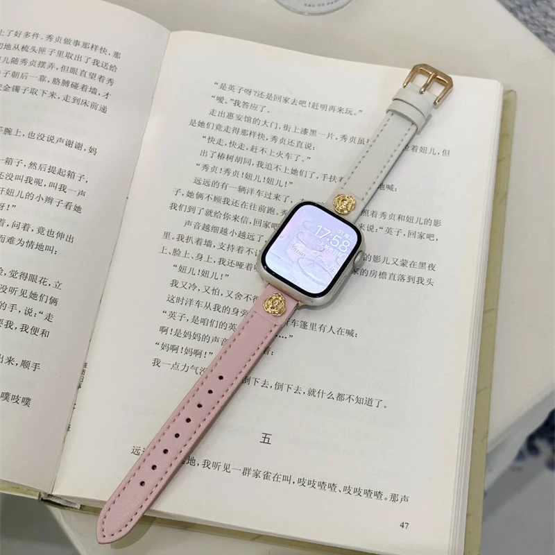 Korean Two Color Leather Metallic Camellia Strap For Apple Watch 49 45 44 42 41 40 38 MM Ladies Bands For iwatch 9 8 7 6 5 4 SE