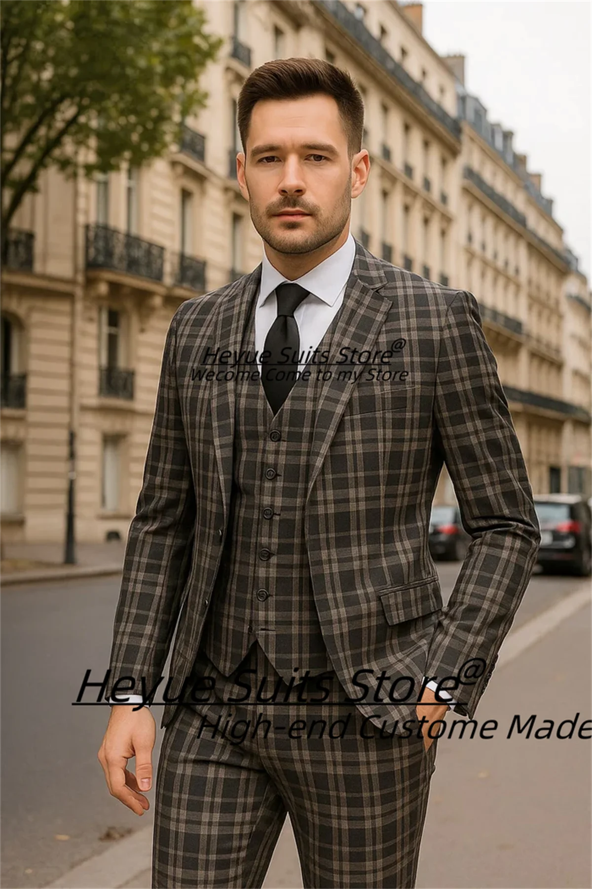 

Customized Slim Fit Business Plaid Men Suits Formal Notched Lapel Groom Wedding Tuxedos 3 Pcs Sets Male Prom Blazers Ropa Hombre