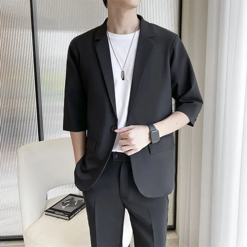 Y2K Spring Autumn Suit Jacket Man 2024 New Three-Quarter Sleeves Men's Clothing Coat Fashion Single Buckle Blazer Hombre