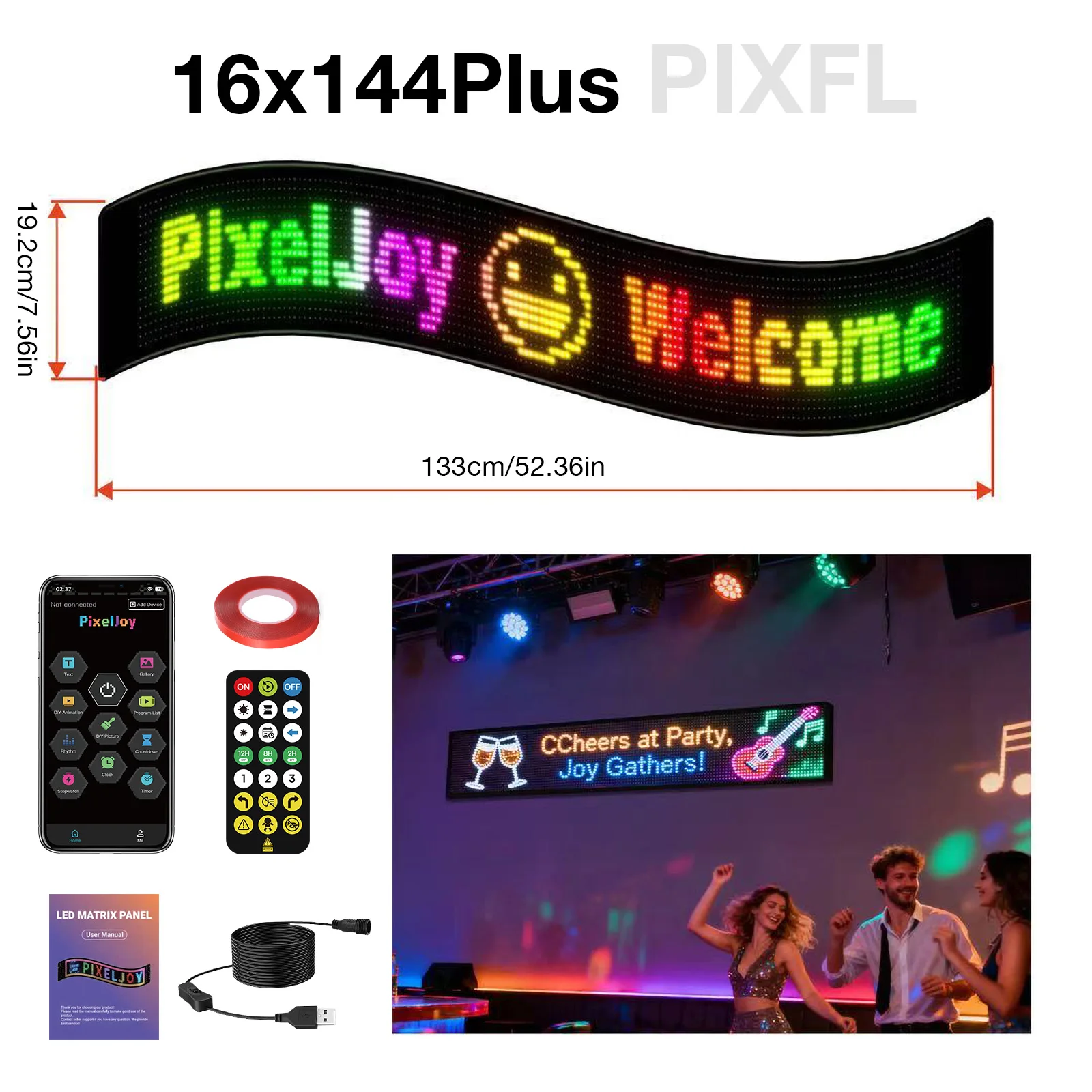 PixelJoy16x144Flexible LED Matrix Panel Waterproof 5V USB App&Remote Control RGB LED Screen 1000cd Brightness 12-Bit Color Depth