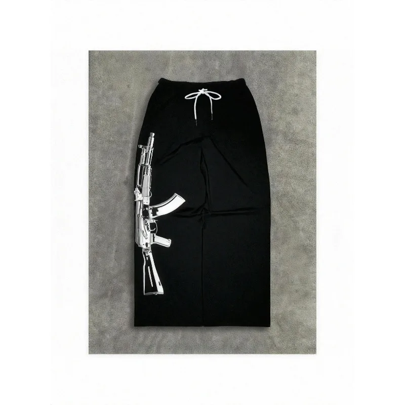 Men's Wide-Leg Sweatpants with American Retro Pattern, Streetwear Drawstring Loose Casual Long Pants in Black and Grey