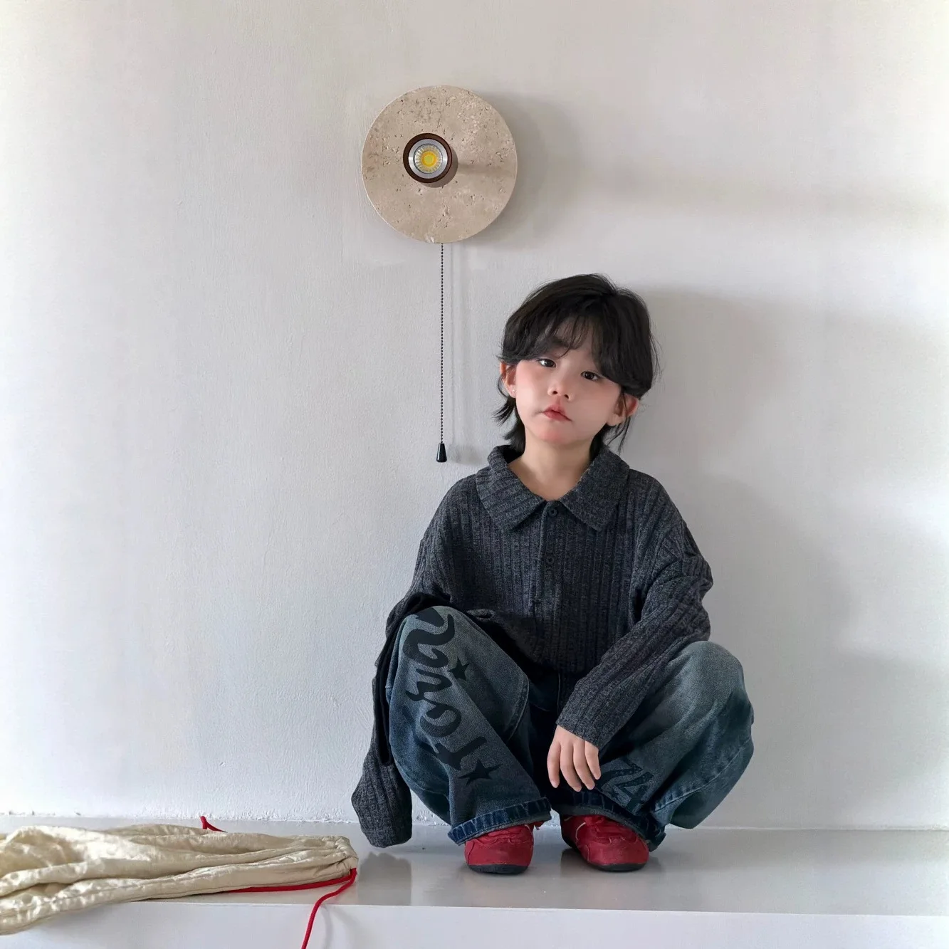 2026 New Trendy Cool Boys' Pit Strip Knitted T-shirt American Printed Wide Leg Jeans Children's Clothing