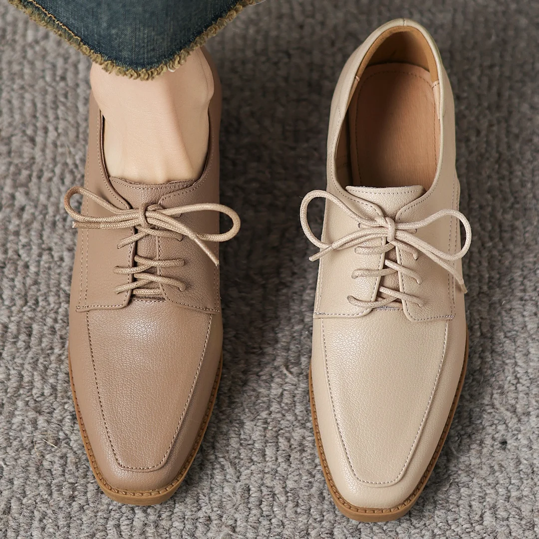 

Plus size 34-42 women's sheepskin square toe lace-up flats oxfords high quality soft comfortable casual female daily shoes woman